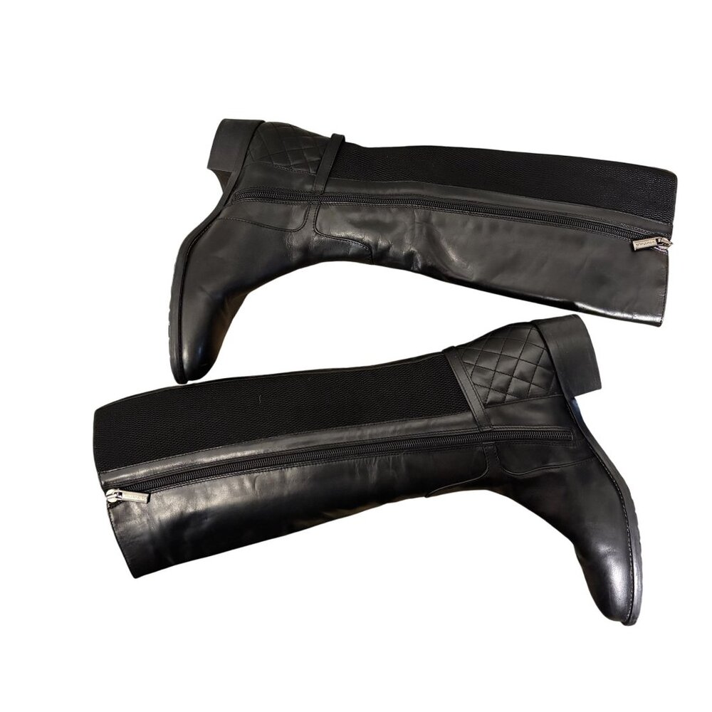 Aquatalia Oralie Equestrian Knee High Boot 8 Black Leather Side Zip Quilted - Picture 2 of 15